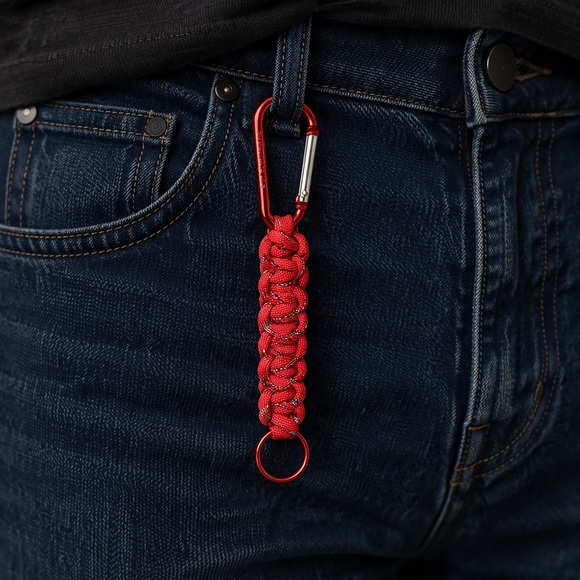Red Paracord Keychain with Carabiner and Red Key Ring | 7 inches - Picture 3 of 3